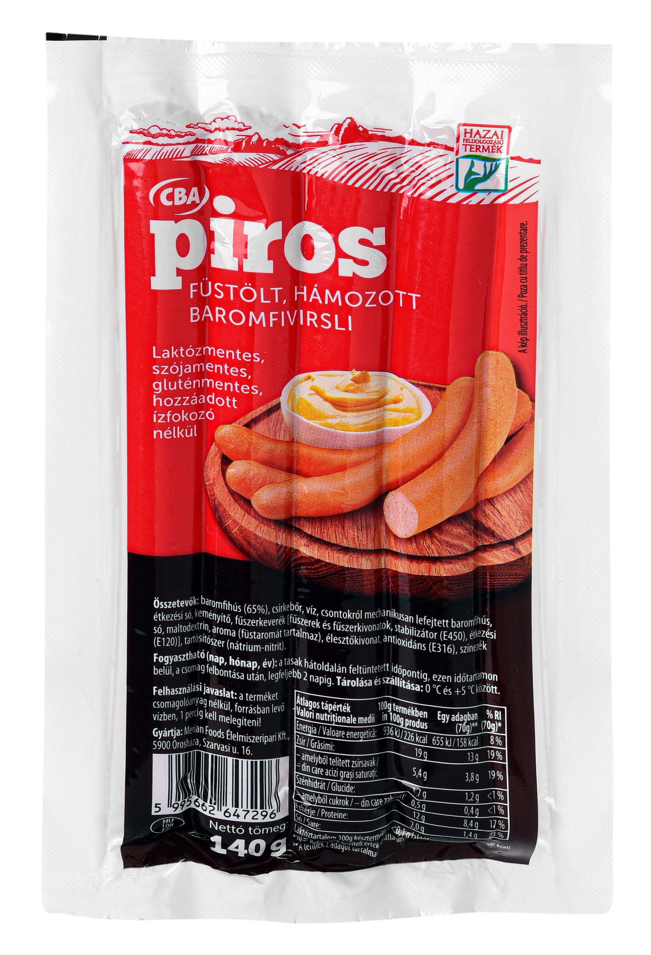 CBA Piros füstölt, hámozott baromfi virsli 140g